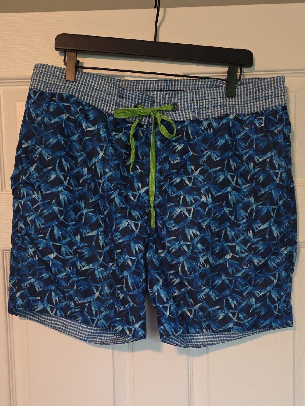 Robert Graham Blue Patterned Swim Trunks with Lime Drawstring